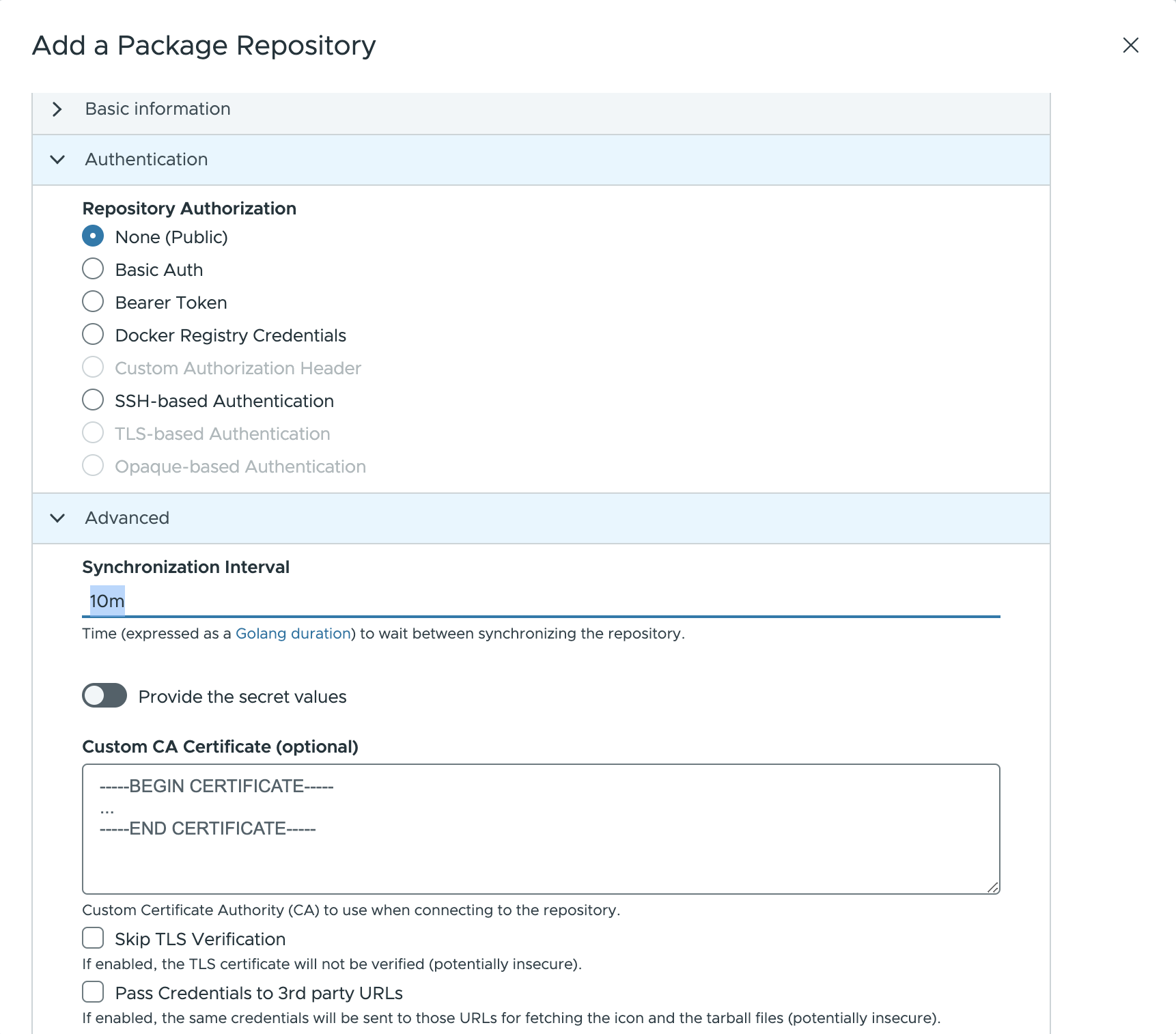 Package repository pop-up advanced tabs